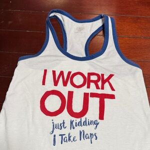 White Tank Top with Red and Blue Text